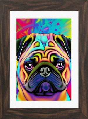 Pug Dog Picture Framed Colourful Abstract Art (A4 Walnut Frame)