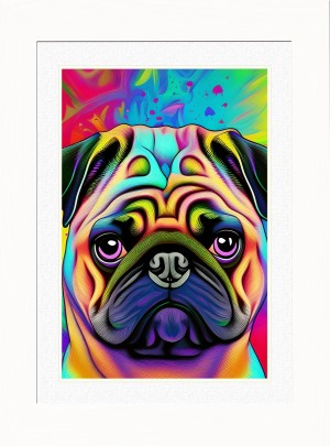 Pug Dog Picture Framed Colourful Abstract Art (A4 White Frame)