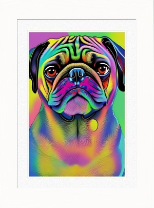 Pug Dog Picture Framed Colourful Abstract Art (30cm x 25cm White Frame)