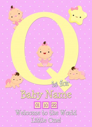 Personalised Baby Girl Birth Greeting Card (Name Starting With 'Q')