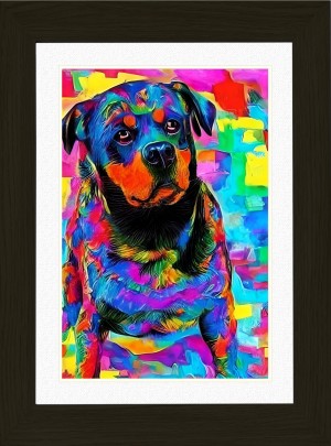 Rottweiler Dog Picture Framed Colourful Abstract Art (A4 Black Frame)