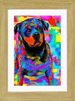 Rottweiler Dog Picture Framed Colourful Abstract Art (A3 Light Oak Frame)