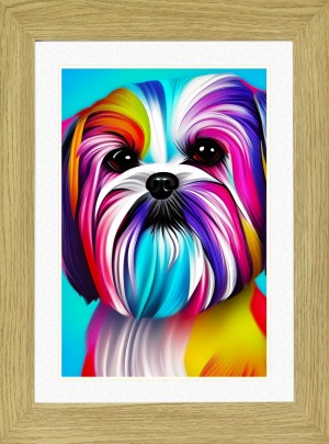 Shih Tzu Dog Picture Framed Colourful Abstract Art (25cm x 20cm Light Oak Frame)