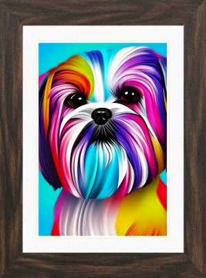 Shih Tzu Dog Picture Framed Colourful Abstract Art (A4 Walnut Frame)