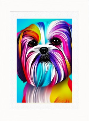 Shih Tzu Dog Picture Framed Colourful Abstract Art (25cm x 20cm White Frame)
