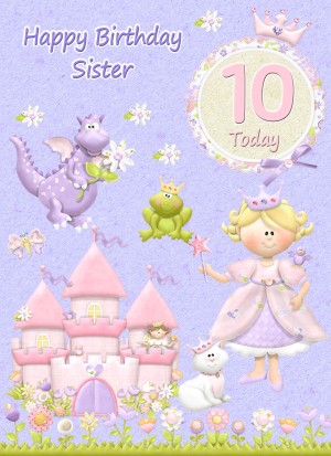 Kids 10th Birthday Princess Cartoon Card for Sister