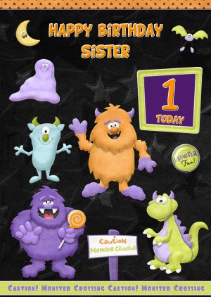 Kids 1st Birthday Funny Monster Cartoon Card for Sister