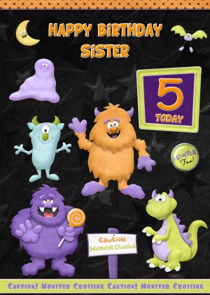 Kids 5th Birthday Funny Monster Cartoon Card for Sister