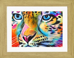 Snow Leopard Animal Picture Framed Colourful Abstract Art (25cm x 20cm Light Oak Frame)