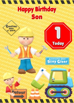 Kids 1st Birthday Builder Cartoon Card for Son