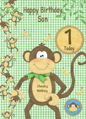 Kids 1st Birthday Cheeky Monkey Cartoon Card for Son
