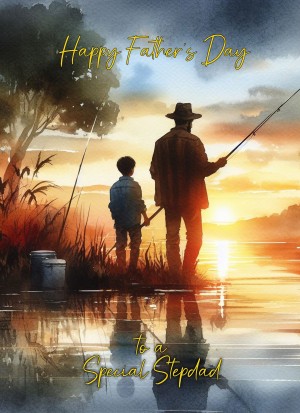 Fishing Father and Child Watercolour Art Fathers Day Card For Stepdad (Design 2)