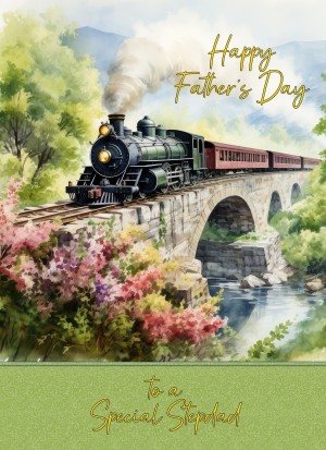 Steam Train Vintage Art Fathers Day Card For Stepdad (Design 1)