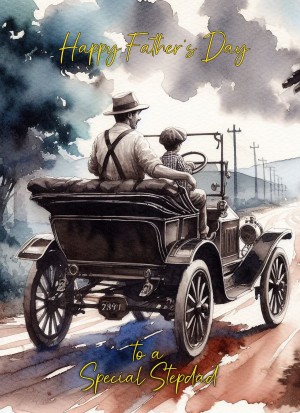 Vintage Classic Car Watercolour Art Fathers Day Card For Stepdad (Design 1)