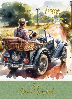 Vintage Classic Car Watercolour Art Fathers Day Card For Stepdad (Design 3)