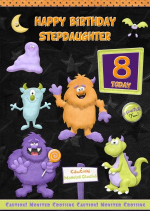 Kids 8th Birthday Funny Monster Cartoon Card for Stepdaughter