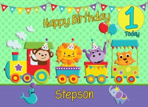 1st Birthday Card for Stepson (Train Green)
