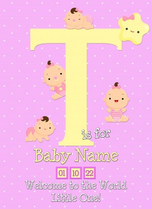 Personalised Baby Girl Birth Greeting Card (Name Starting With 'T')