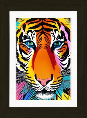 Tiger Animal Picture Framed Colourful Abstract Art (30cm x 25cm Black Frame)