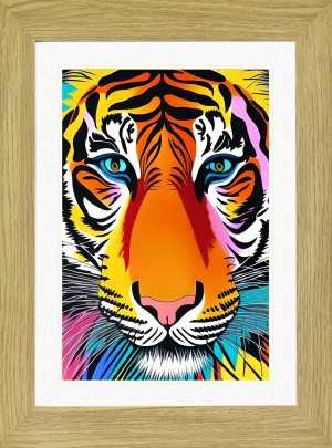 Tiger Animal Picture Framed Colourful Abstract Art (25cm x 20cm Light Oak Frame)