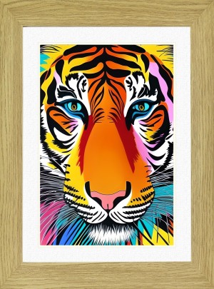 Tiger Animal Picture Framed Colourful Abstract Art (30cm x 25cm Light Oak Frame)
