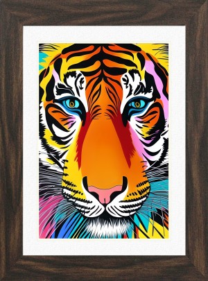 Tiger Animal Picture Framed Colourful Abstract Art (25cm x 20cm Walnut Frame)