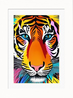 Tiger Animal Picture Framed Colourful Abstract Art (25cm x 20cm White Frame)