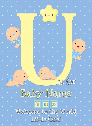 Personalised Baby Boy Birth Greeting Card (Name Starting With 'U')