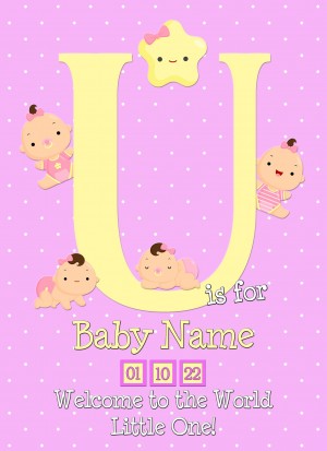 Personalised Baby Girl Birth Greeting Card (Name Starting With 'U')