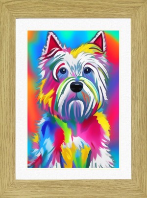 West Highland Terrier Dog Picture Framed Colourful Abstract Art (25cm x 20cm Light Oak Frame)