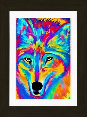 Wolf Animal Picture Framed Colourful Abstract Art (25cm x 20cm Black Frame)