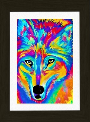 Wolf Animal Picture Framed Colourful Abstract Art (30cm x 25cm Black Frame)