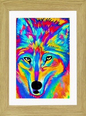 Wolf Animal Picture Framed Colourful Abstract Art (25cm x 20cm Light Oak Frame)