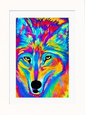 Wolf Animal Picture Framed Colourful Abstract Art (30cm x 25cm White Frame)
