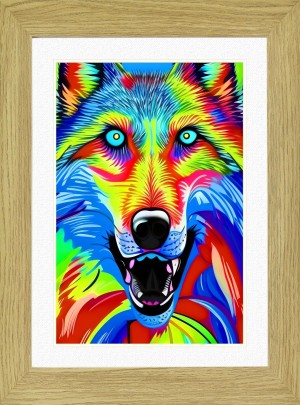 Wolf Animal Picture Framed Colourful Abstract Art (30cm x 25cm Light Oak Frame)