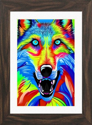 Wolf Animal Picture Framed Colourful Abstract Art (A3 Walnut Frame)