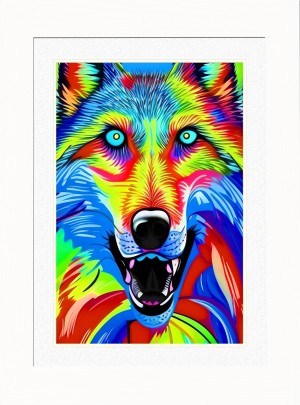 Wolf Animal Picture Framed Colourful Abstract Art (30cm x 25cm White Frame)