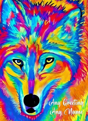 Personalised Wolf Animal Colourful Abstract Art Blank Greeting Card (Birthday, Fathers Day, Any Occasion)