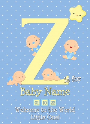 Personalised Baby Boy Birth Greeting Card (Name Starting With 'Z')
