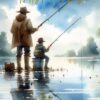 Fishing Father and Child Watercolour Art Fathers Day Card For Grandad (Design 3)
