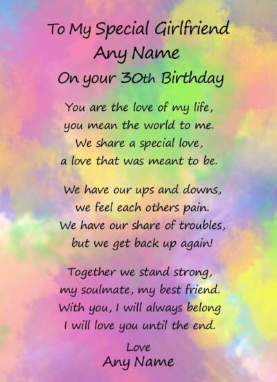 Personalised Romantic Birthday Verse Poem Card (Special Girlfriend