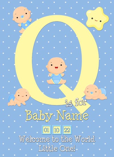 Personalised Baby Boy Birth Greeting Card (Name Starting With 'Q')