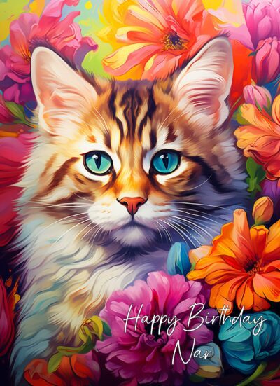 Cat Art Colourful Flowers Birthday Card for Nan
