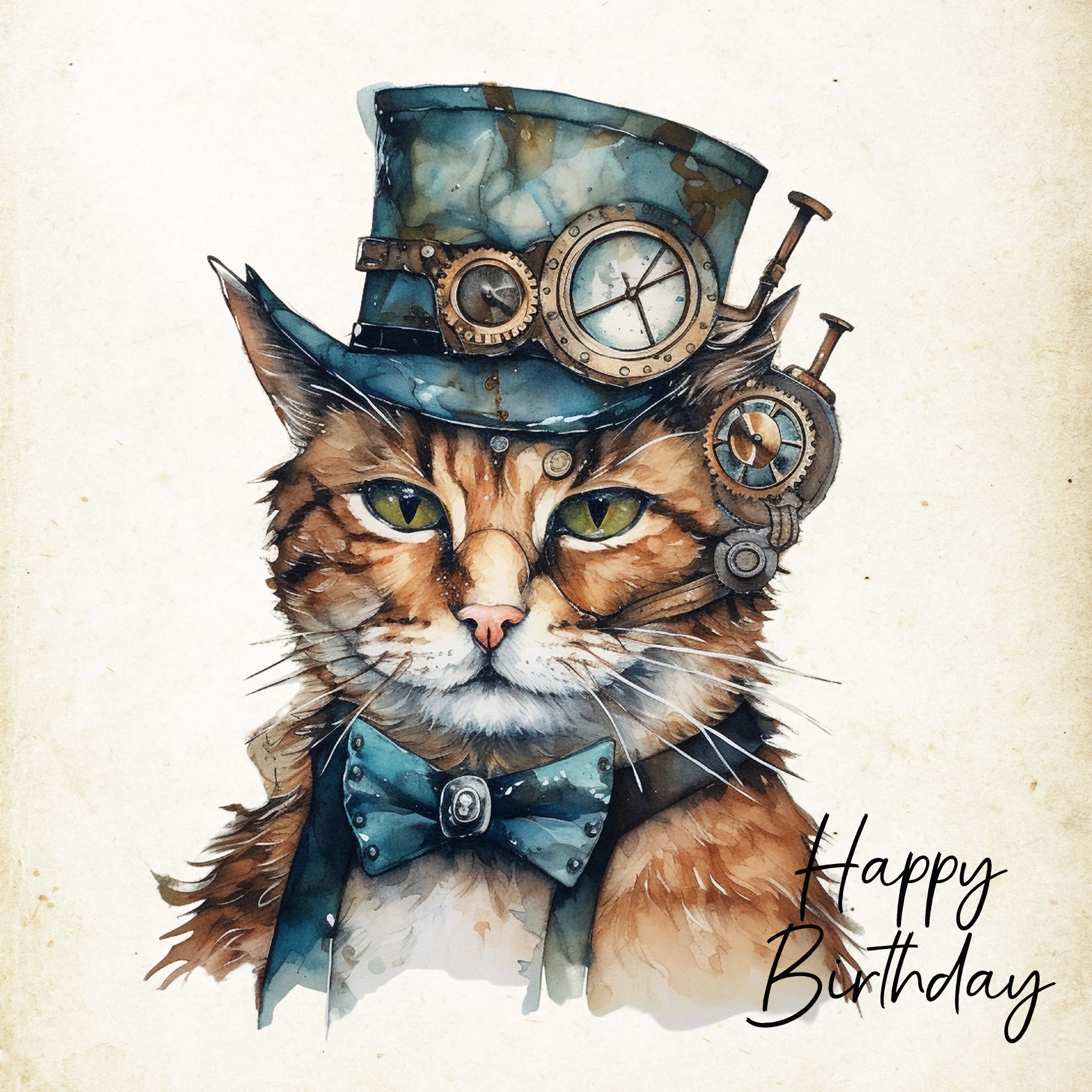 Cat Fantasy Steampunk Square Birthday Card (Design 1) - Fat Cat Cards
