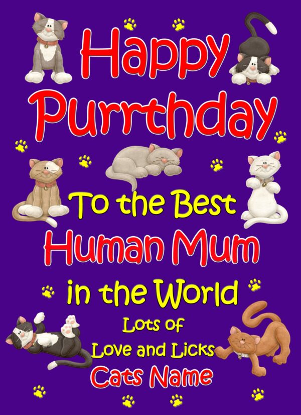 Personalised From The Cat Birthday Card (Purple, Human Mum, Happy ...