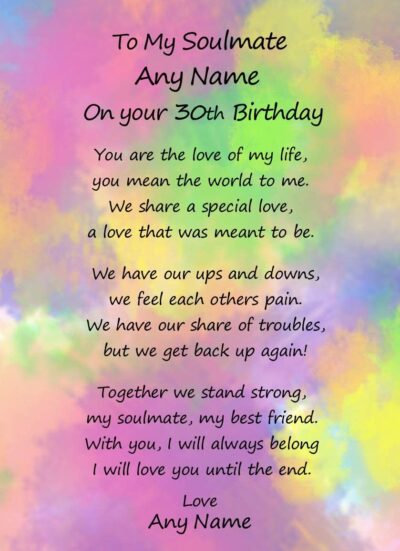 Personalised Romantic Birthday Verse Poem Card (Soulmate