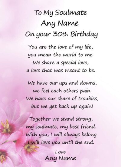 Personalised Romantic Birthday Verse Poem Card (Soulmate