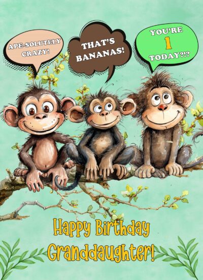 Granddaughter 1st Kids Birthday Card (Funny Shocked Monkey Cartoon)