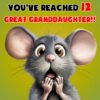 Great Granddaughter 12th Birthday Card (Funny Shocked Mouse Humour) - 12b