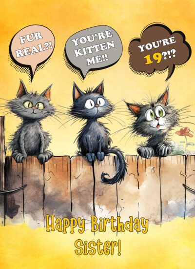 Sister 19th Birthday Card (Funny Surprised Cat Humour)